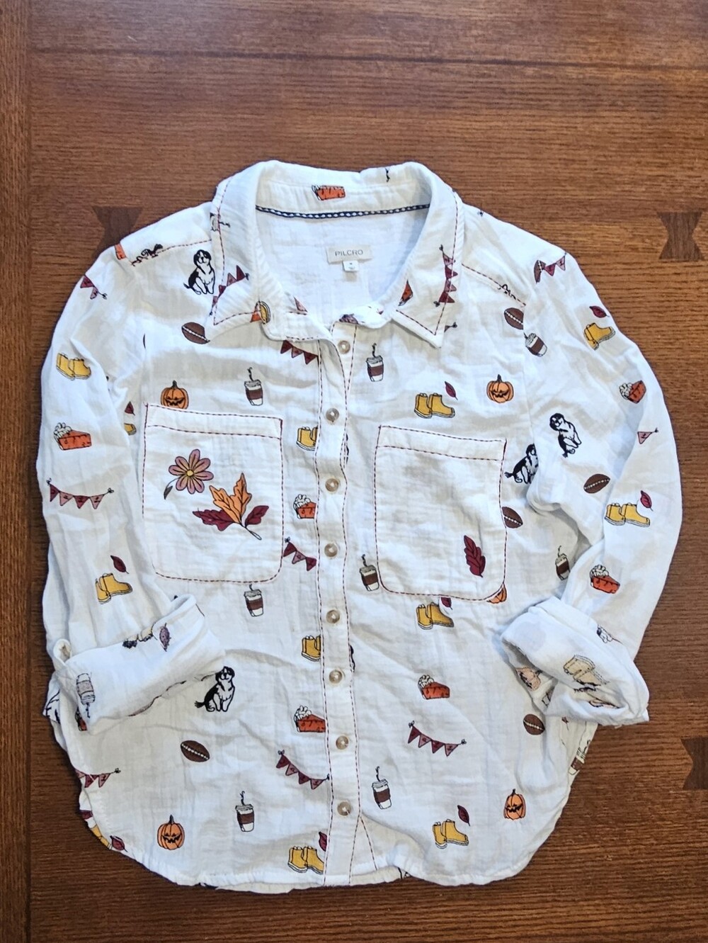 Pilcro The Tabby Fall Embroidered Icon Buttondown Medium